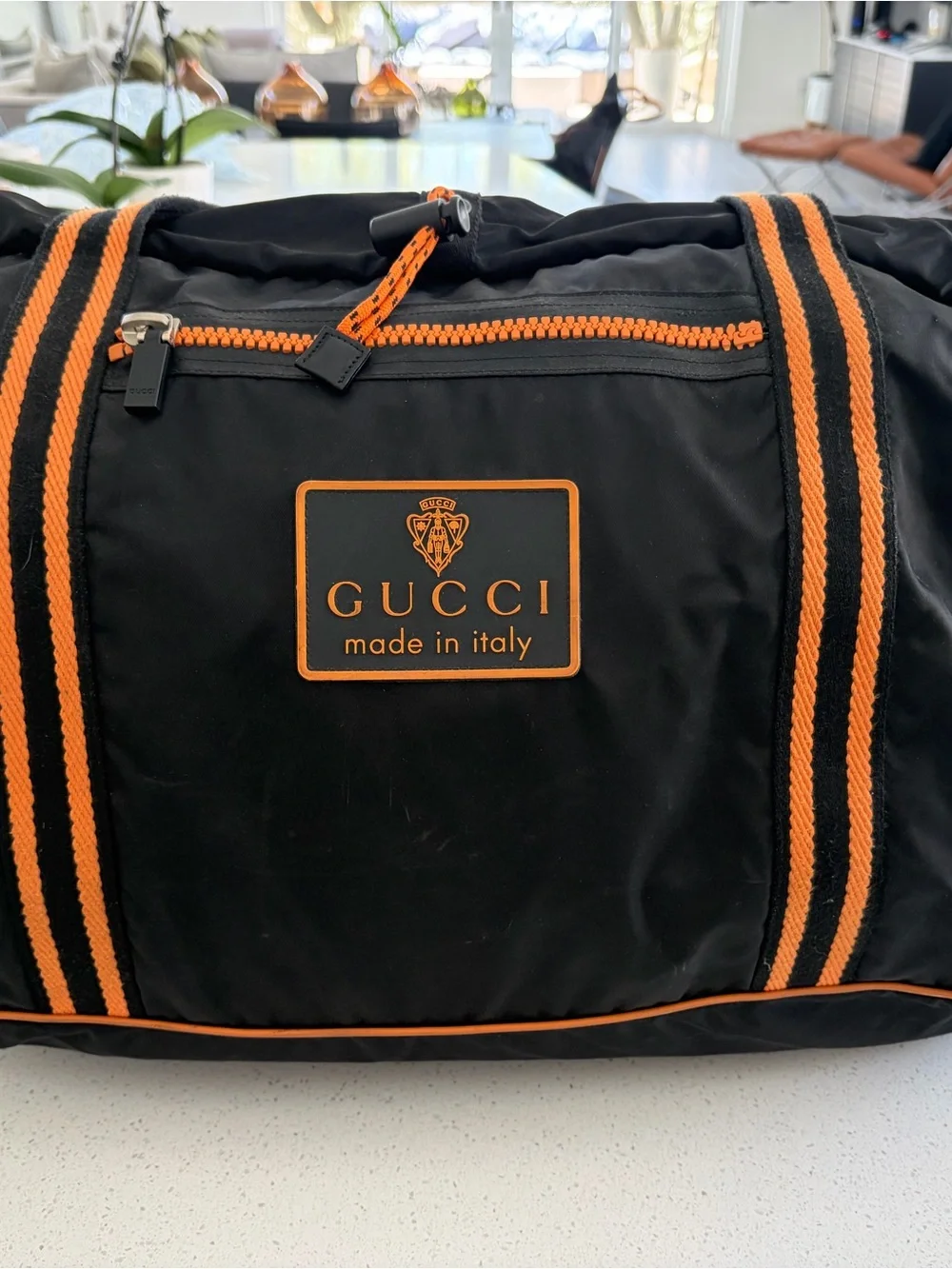 Gucci Black Canvas Duffel with Orange Trim and Striped Handles